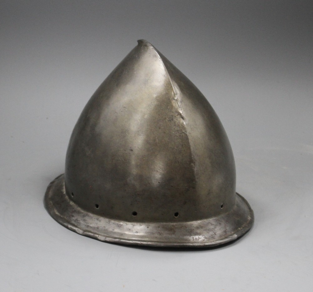 An Italian infantry helmet cabaset c.1580, polished steel raised from a single plate,